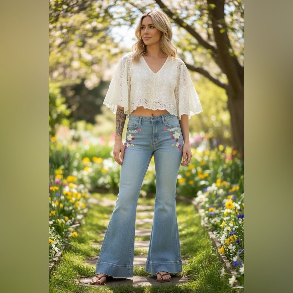 Alice + Olivia "Beautiful" High-Rise Bell Bottom Jeans - Floral Embroidered NWT - Picture 3 of 16